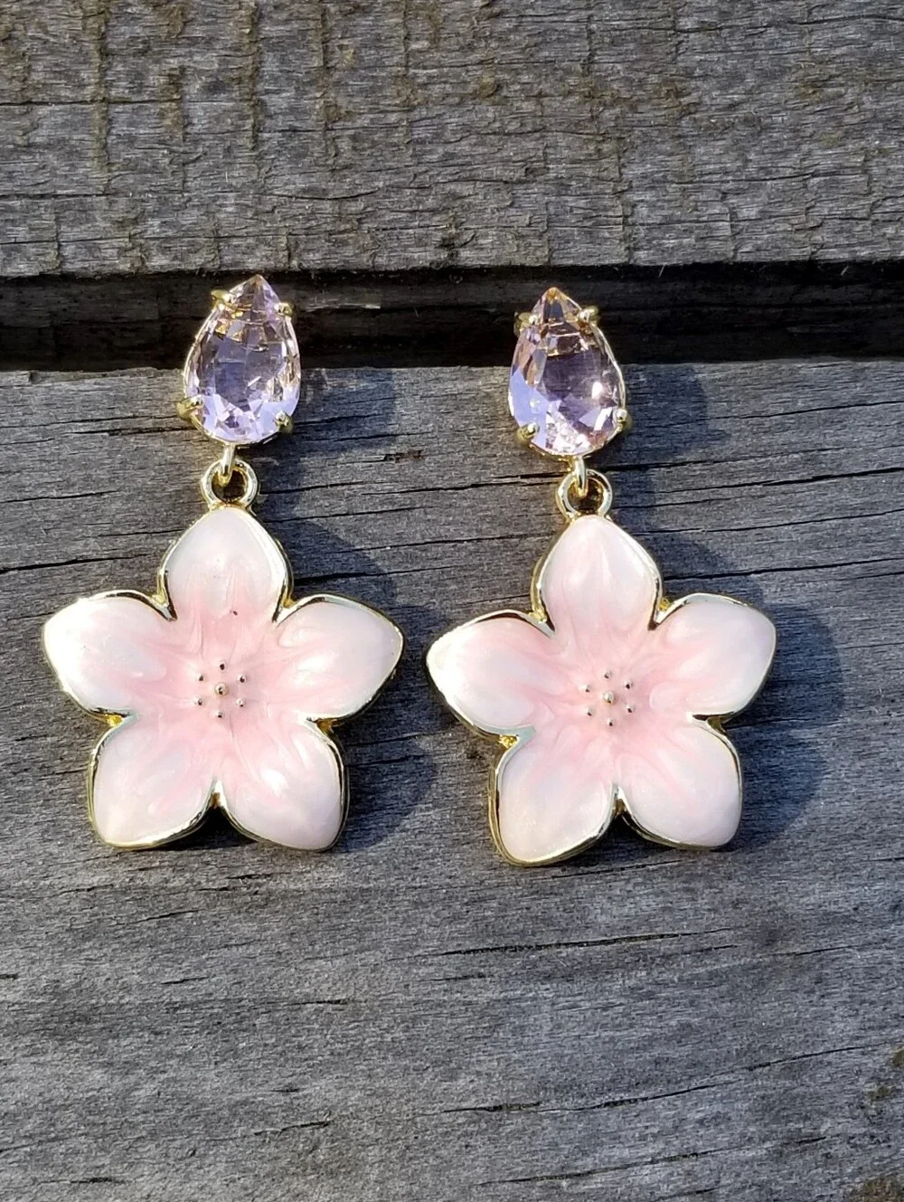 14k Gold Pink Tourmaline Floral Stud Earrings, Pink Flower Dangle Earrings
